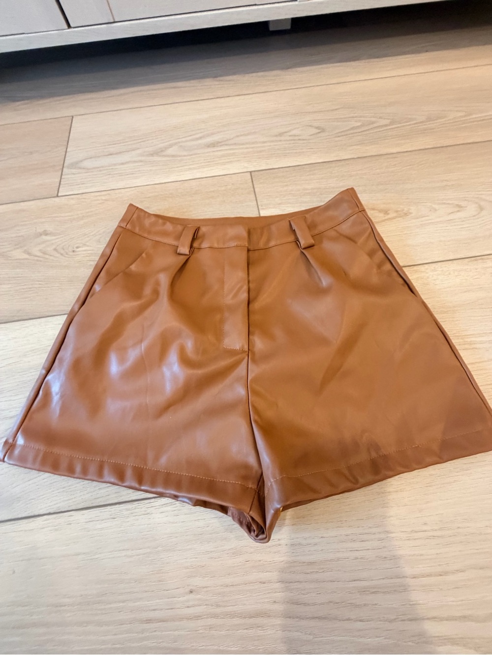 SHEIN High-Waist Faux Leather Shorts in Cognac Brown